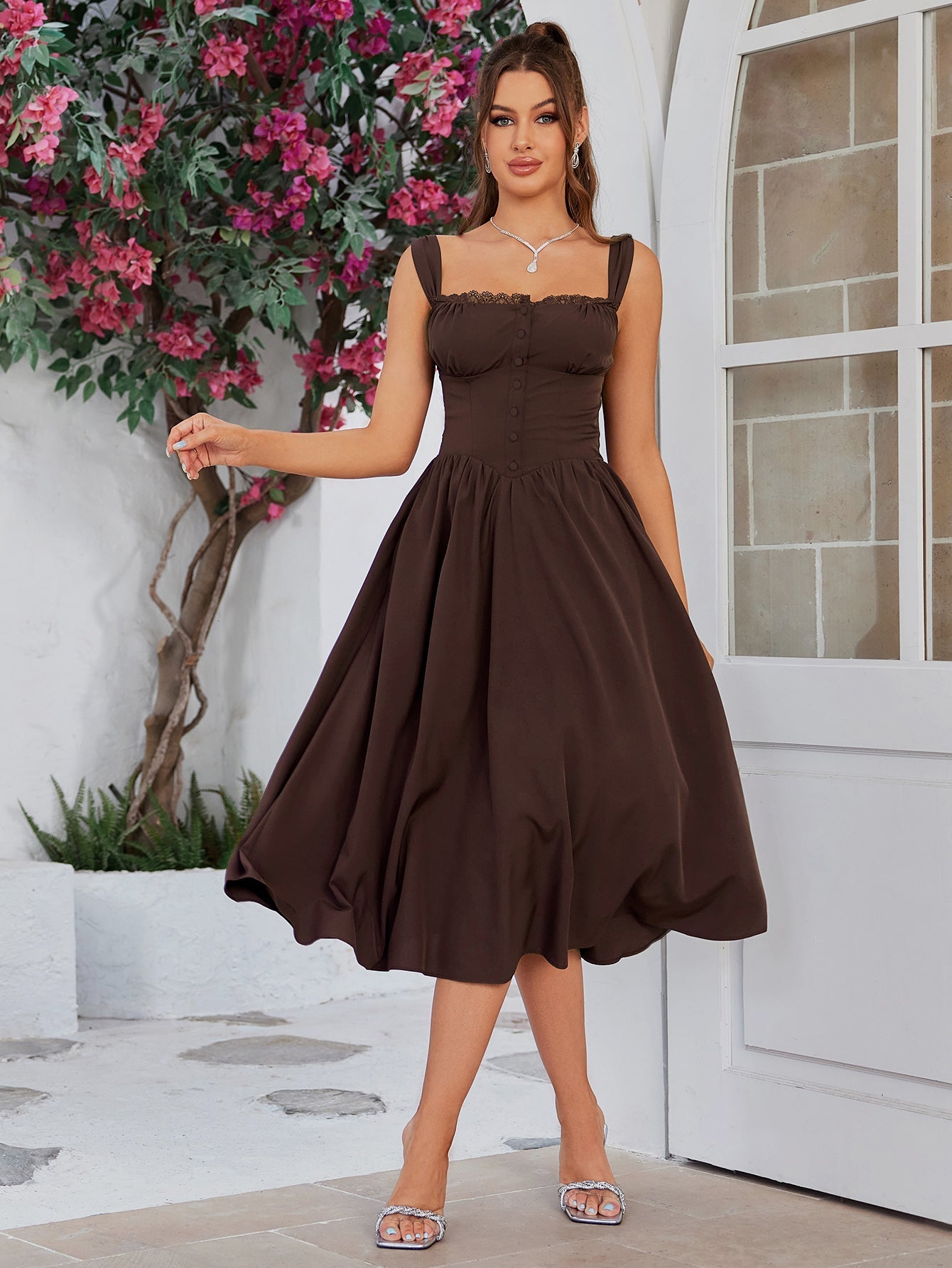 Crisscross Tie Back Button Pocket Dress