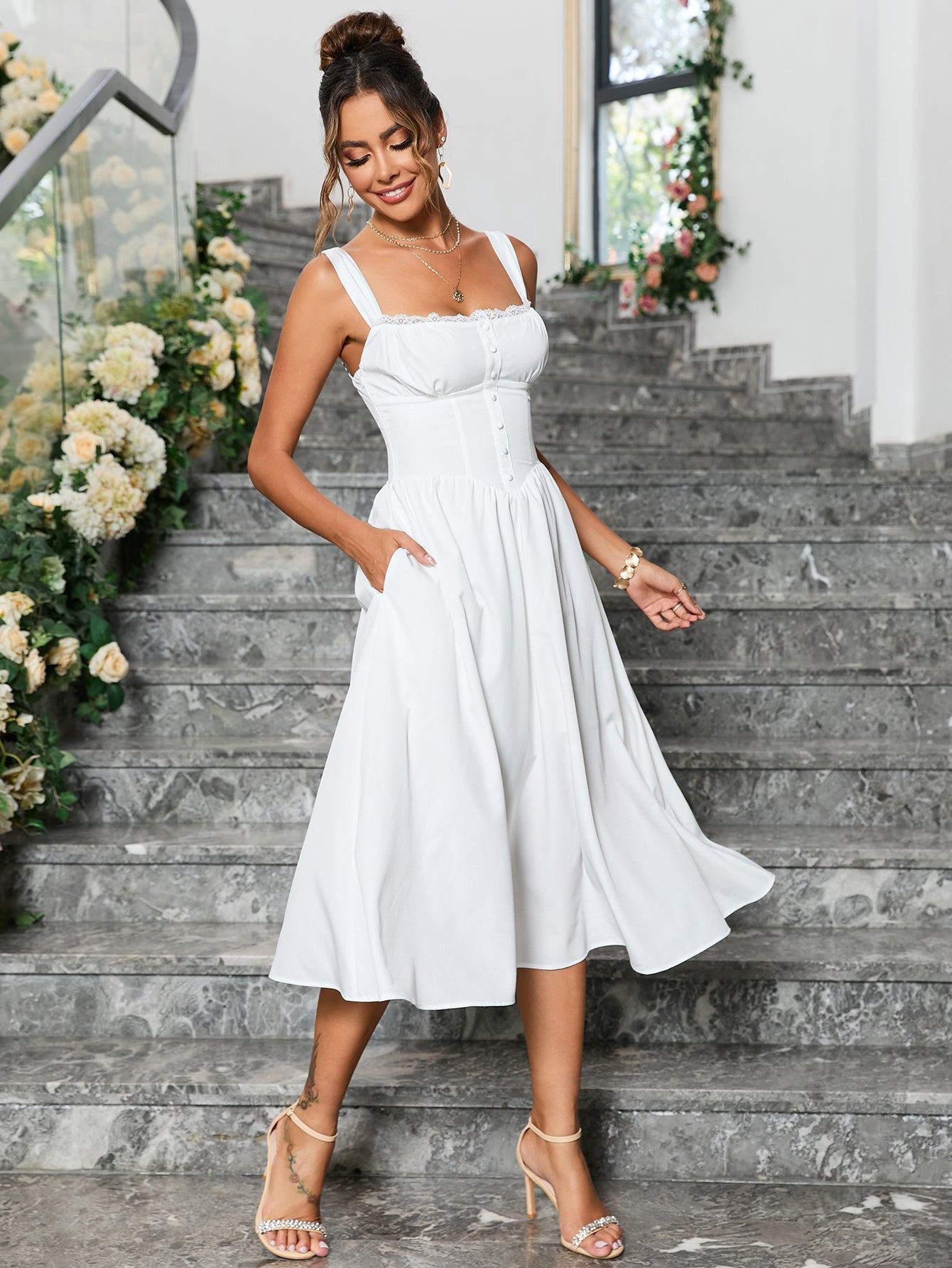 Crisscross Tie Back Button Pocket Dress