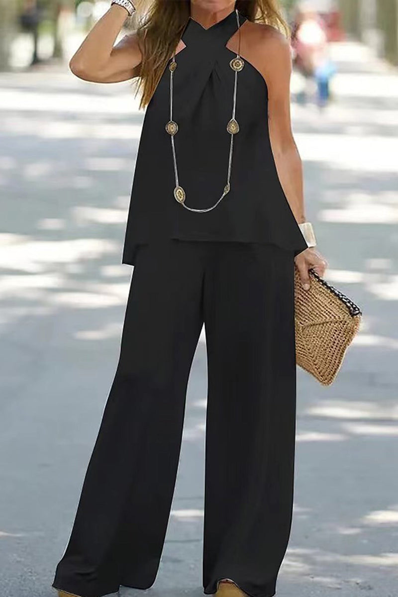 Crisscrosses Halterneck Backless Top Pants Suits
