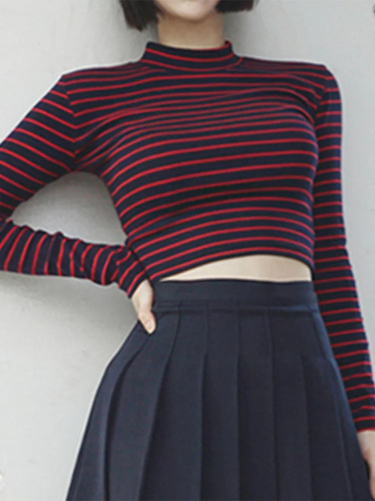 Crop Tops All-match Classic Stripe Slim Short Bustier Crop Top Turtleneck Long Sleeved T-shirt Shirts Tee