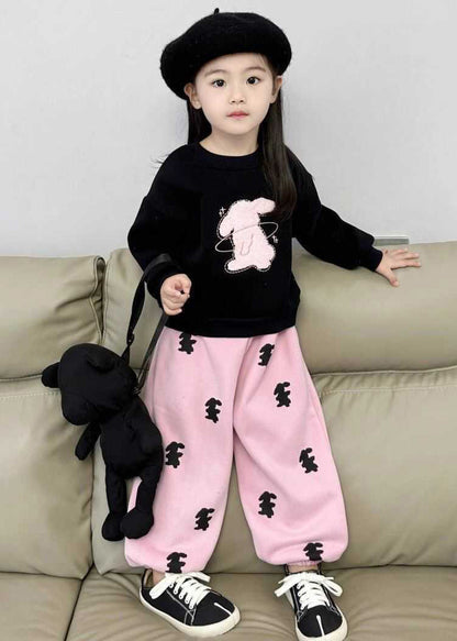 Animal Print Black Sweatshirt and Pink Beam Pants Two Pieces Set Spring Tr003
