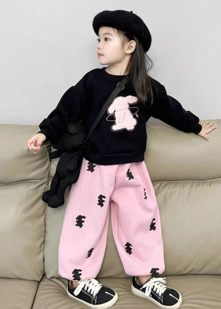 Animal Print Black Sweatshirt and Pink Beam Pants Two Pieces Set Spring Tr003