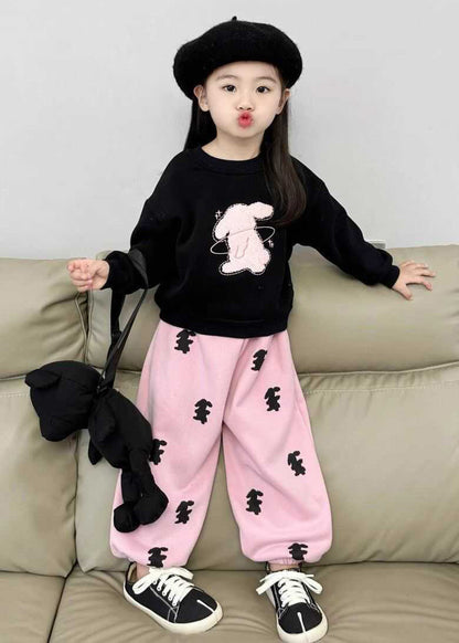 Animal Print Black Sweatshirt and Pink Beam Pants Two Pieces Set Spring Tr003