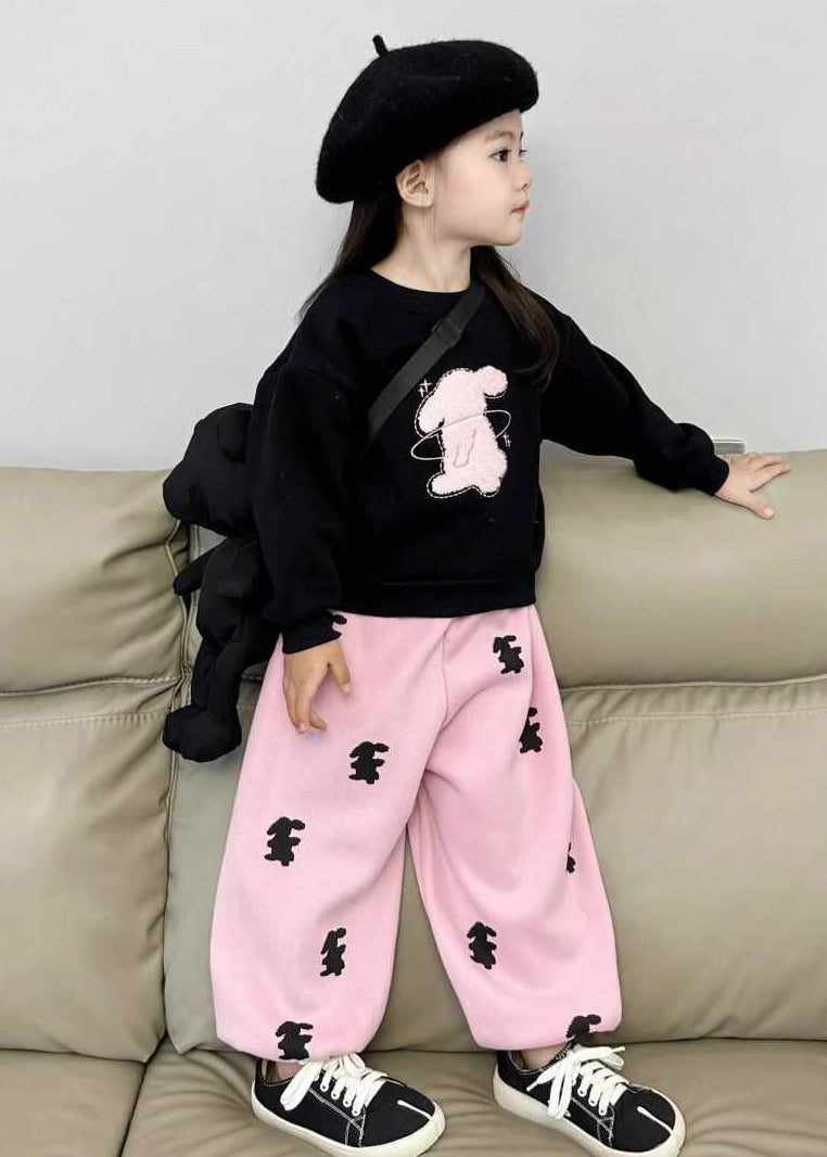 Animal Print Black Sweatshirt and Pink Beam Pants Two Pieces Set Spring Tr003
