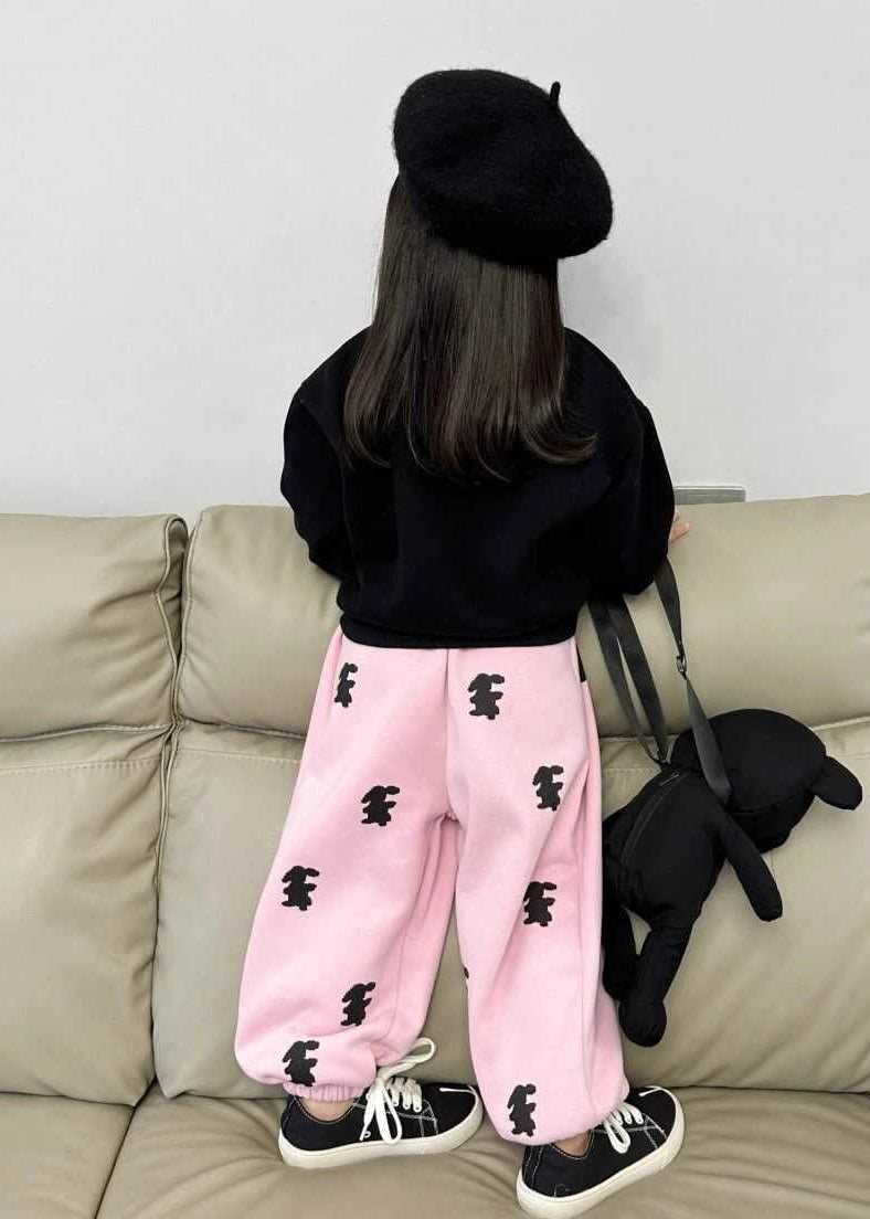 Animal Print Black Sweatshirt and Pink Beam Pants Two Pieces Set Spring Tr003