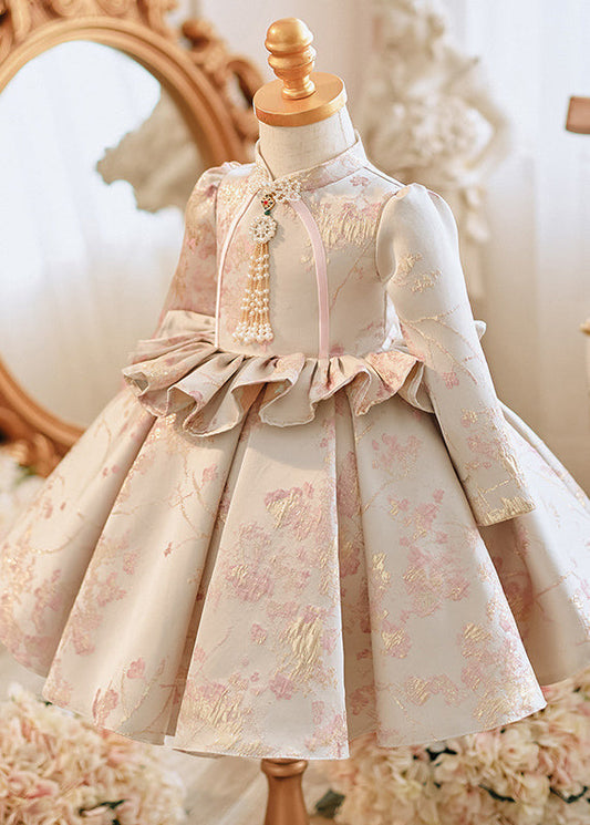 Apricot Stand Collar Embroideried Ruffled Maxi Dresses Spring Yg005