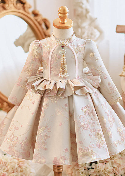 Apricot Stand Collar Embroideried Ruffled Maxi Dresses Spring Yg005