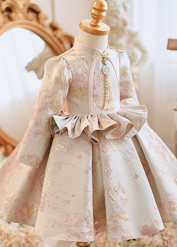 Apricot Stand Collar Embroideried Ruffled Maxi Dresses Spring Yg005