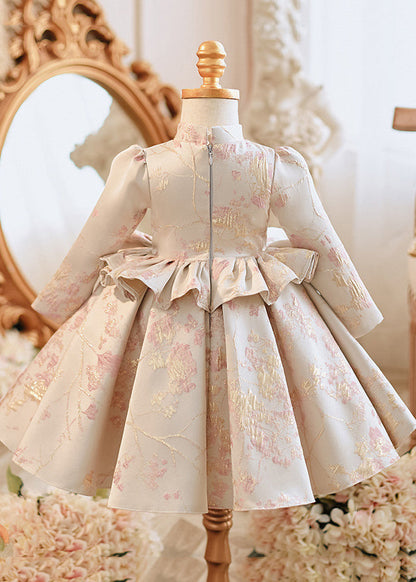 Apricot Stand Collar Embroideried Ruffled Maxi Dresses Spring Yg005