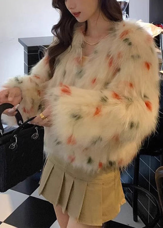 Apricot V Neck Raccoon Hair Print Leather and Fur Coats Winter Rd010