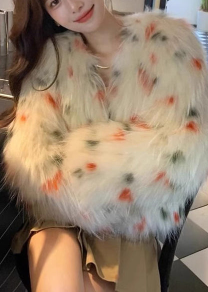 Apricot V Neck Raccoon Hair Print Leather and Fur Coats Winter Rd010