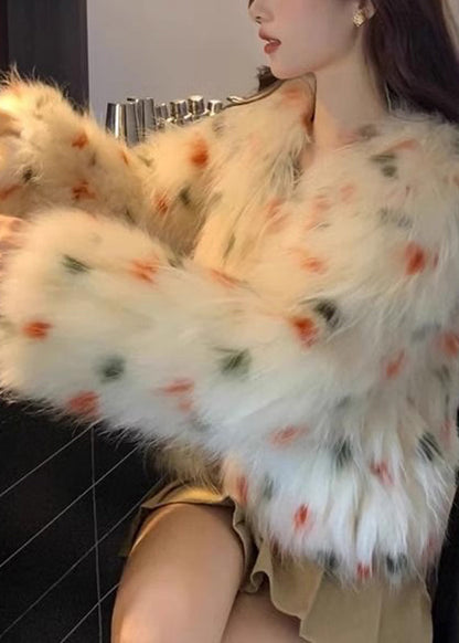 Apricot V Neck Raccoon Hair Print Leather and Fur Coats Winter Rd010