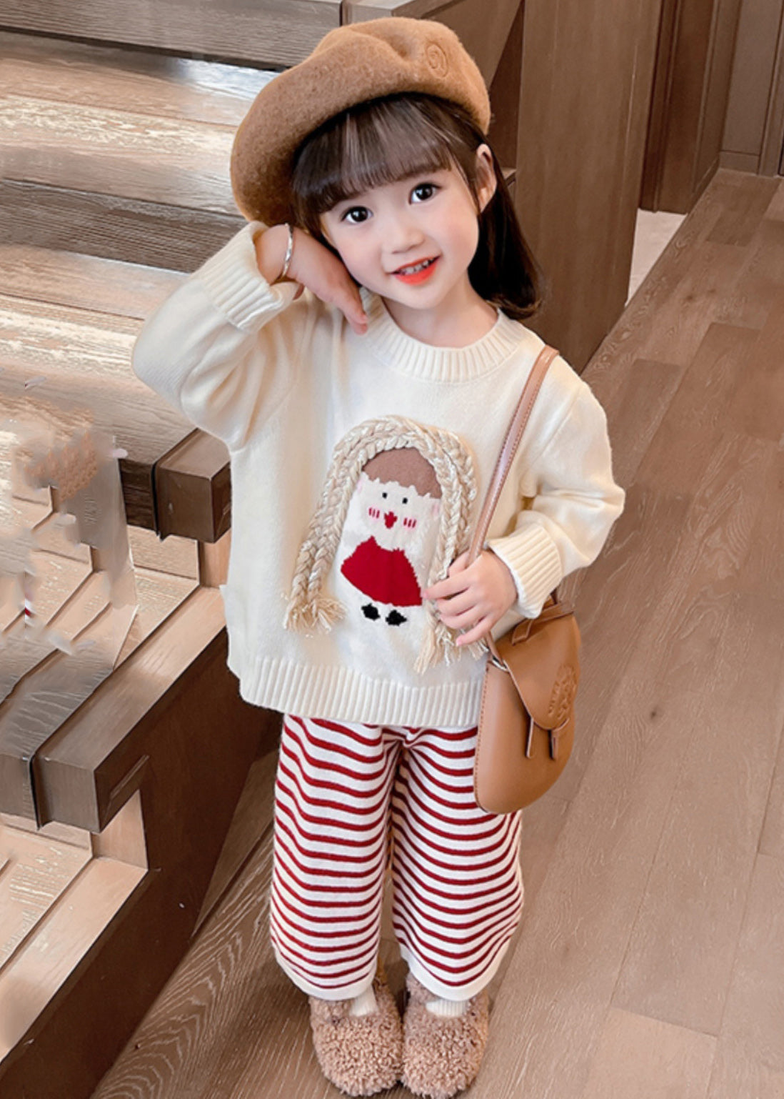 Beige O-neck Cotton Knit Sweaters and Crop Pants Two Pieces Set Spring Tr029