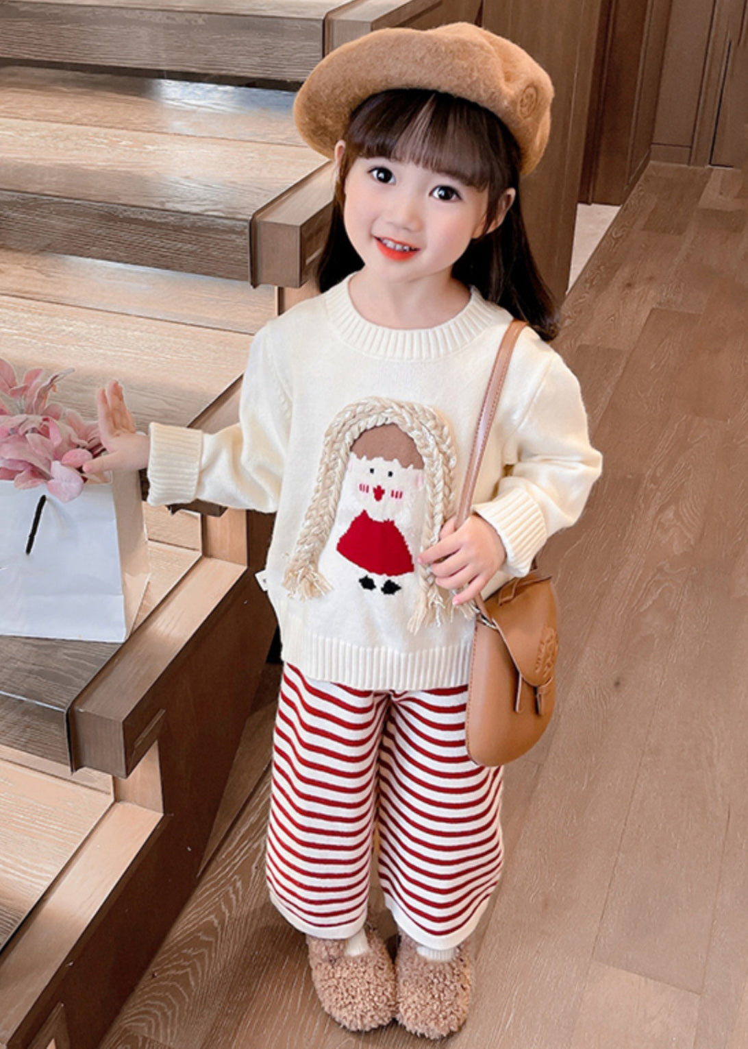 Beige O-neck Cotton Knit Sweaters and Crop Pants Two Pieces Set Spring Tr029