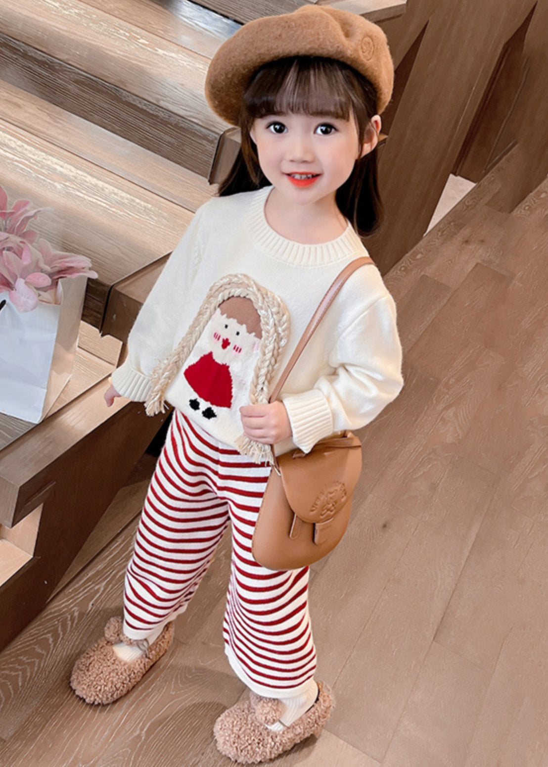 Beige O-neck Cotton Knit Sweaters and Crop Pants Two Pieces Set Spring Tr029