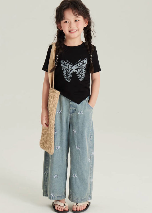 Black Asymmetrical Butterfly Print Top and Crop Pants Two Pieces Set Short Sleeve Yu1061