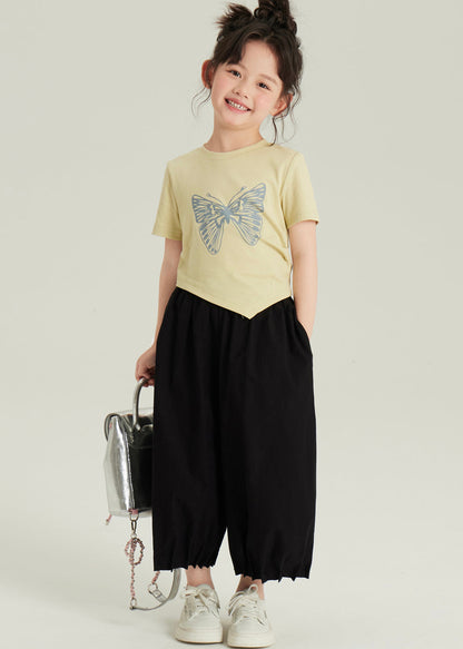 Black Asymmetrical Butterfly Print Top and Crop Pants Two Pieces Set Short Sleeve Yu1061