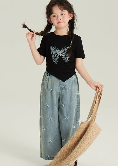 Black Asymmetrical Butterfly Print Top and Crop Pants Two Pieces Set Short Sleeve Yu1061