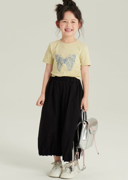 Black Asymmetrical Butterfly Print Top and Crop Pants Two Pieces Set Short Sleeve Yu1061