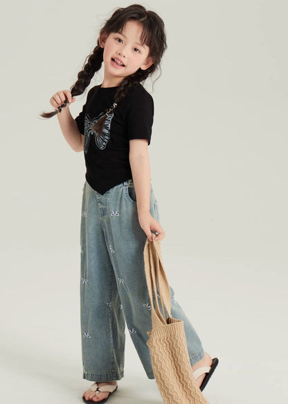 Black Asymmetrical Butterfly Print Top and Crop Pants Two Pieces Set Short Sleeve Yu1061