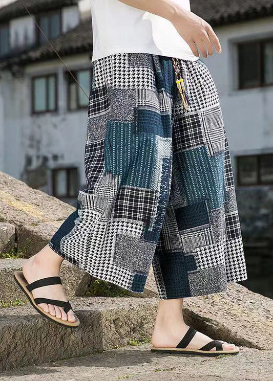 Blue Pockets Print Ice Silk Crop Pants Summer Sa041