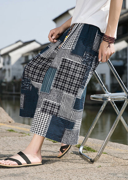 Blue Pockets Print Ice Silk Crop Pants Summer Sa041