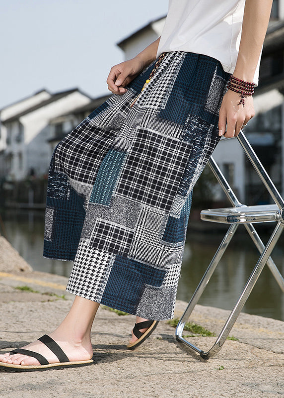 Blue Pockets Print Ice Silk Crop Pants Summer Sa041