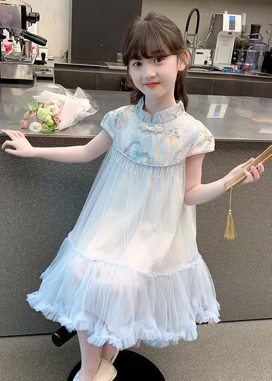 Blue Print Patchwork Tassel Tulle Kids Long Dresses Summer Mn027