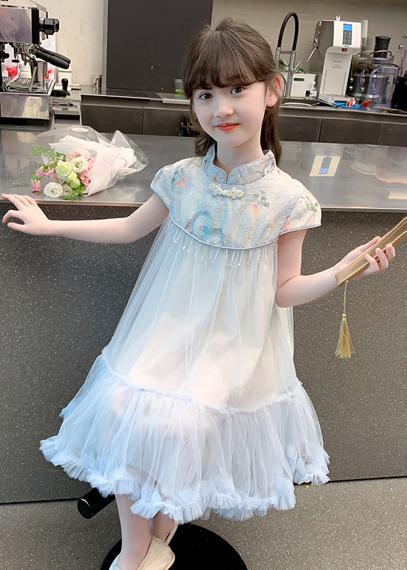 Blue Print Patchwork Tassel Tulle Kids Long Dresses Summer Mn027