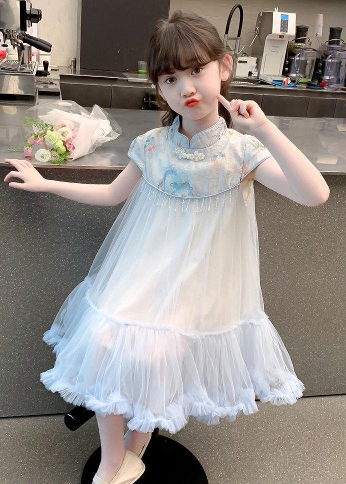 Blue Print Patchwork Tassel Tulle Kids Long Dresses Summer Mn027