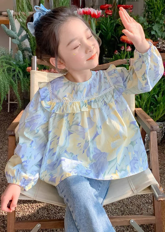 Blue Ruffled Print Cotton Blouses Spring Yu1039