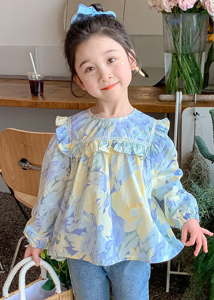 Blue Ruffled Print Cotton Blouses Spring Yu1039