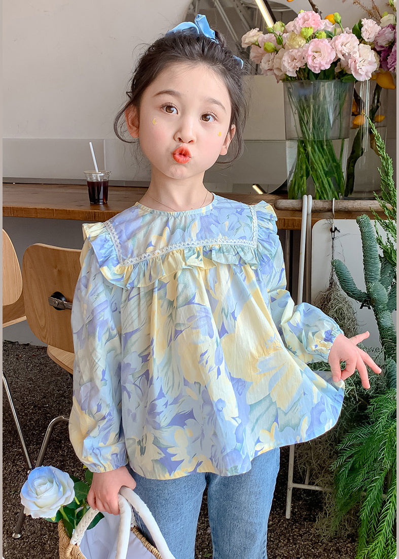 Blue Ruffled Print Cotton Blouses Spring Yu1039