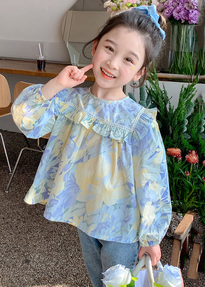 Blue Ruffled Print Cotton Blouses Spring Yu1039