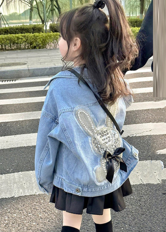 Denim Blue Peter Pan Collar Patchwork Nail Bead Rabbit Button Kids Coats Fall Qv026