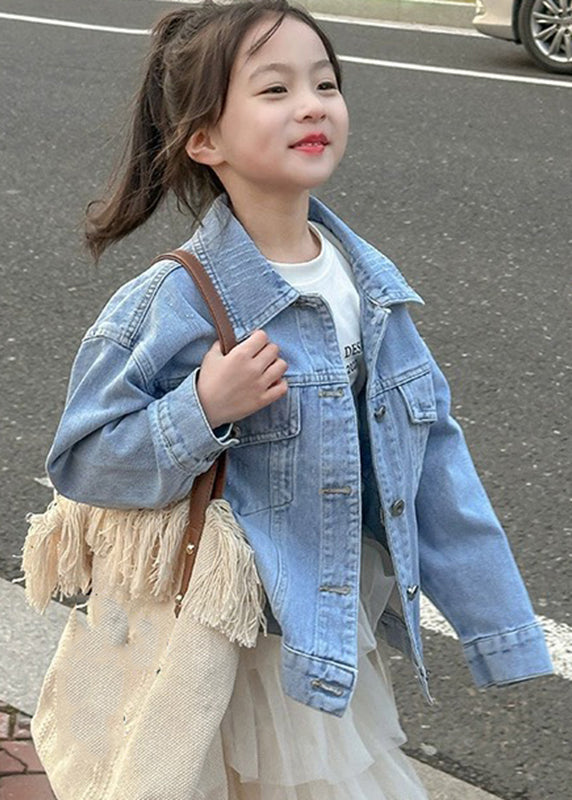 Denim Blue Peter Pan Collar Patchwork Nail Bead Rabbit Button Kids Coats Fall Qv026