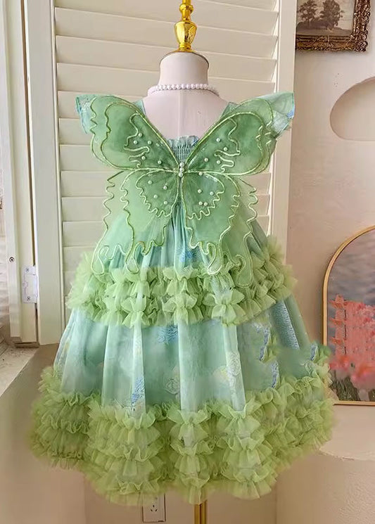 Green Butterfly Tulle Kids Long Dresses Short Sleeve Ye002