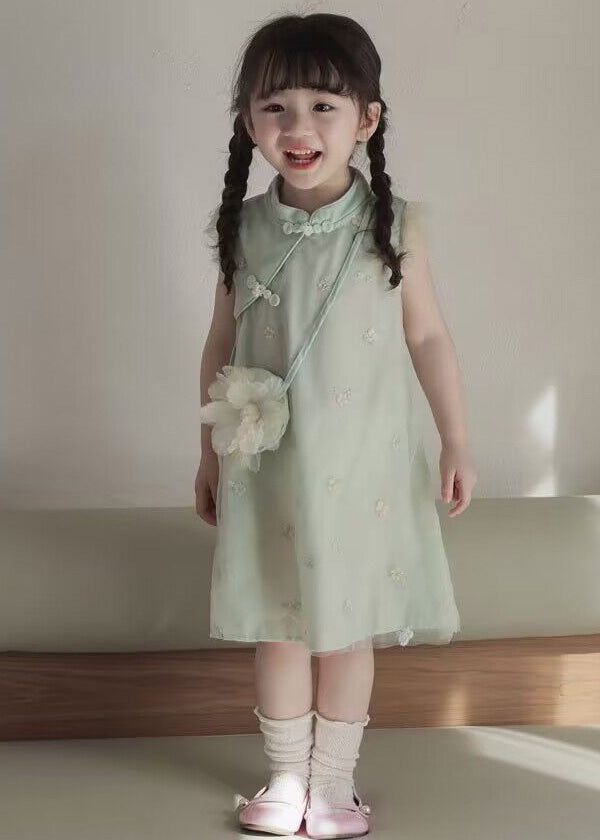 Green Embroideried Button Long Dresses Summer Mn017