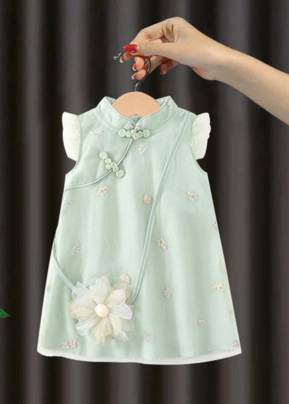 Green Embroideried Button Long Dresses Summer Mn017
