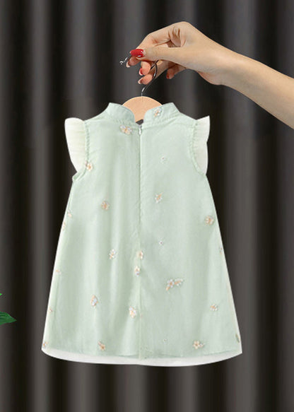 Green Embroideried Button Long Dresses Summer Mn017