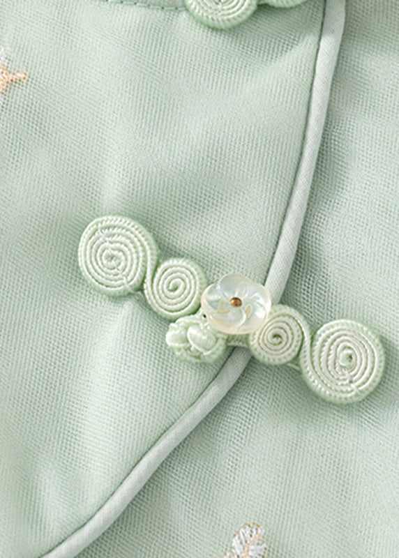 Green Embroideried Button Long Dresses Summer Mn017