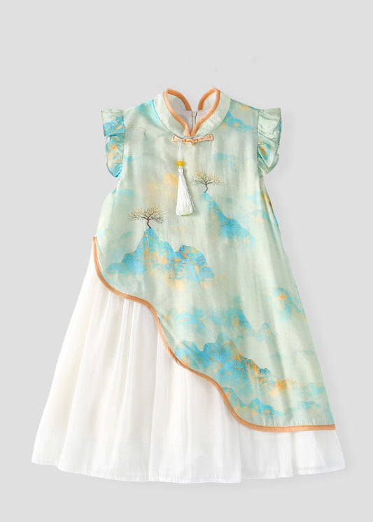 Green Stand Collar Chiffon Patchwork Kids Chiffon Maxi Dress Short Sleeve Mn001