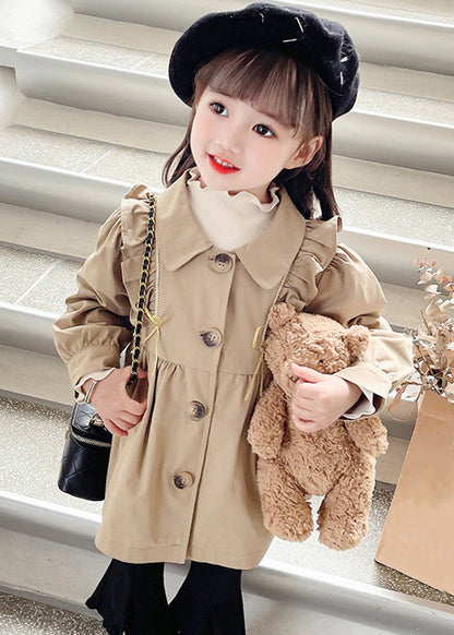 Khaki Peter Pan Collar Wrinkled Button Trench Coat Fall Qv039