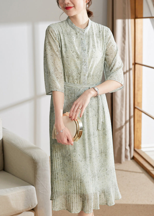 Light Green Print Button Tie Waist Chiffon Holiday Maxi Dress Summer Ly1743