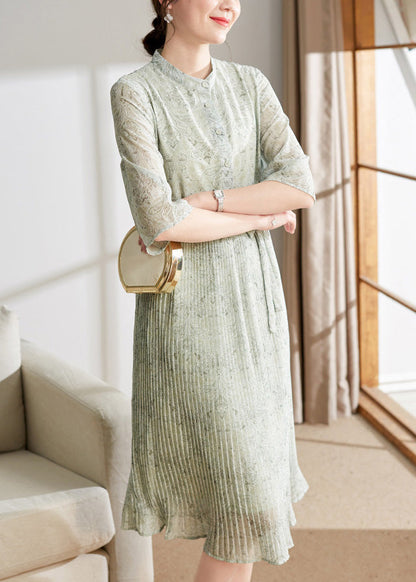 Light Green Print Button Tie Waist Chiffon Holiday Maxi Dress Summer Ly1743