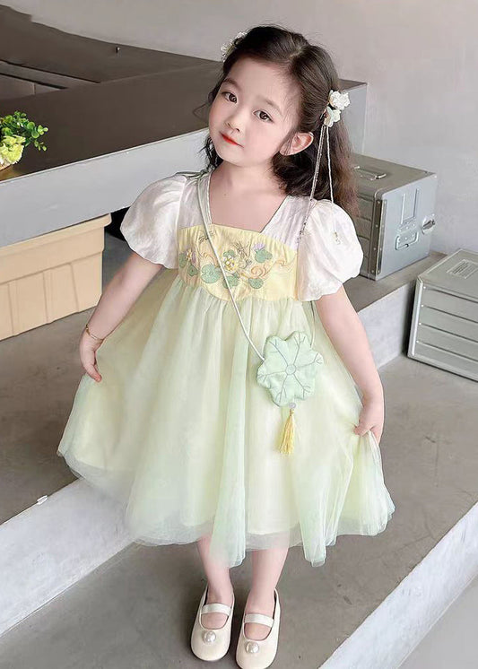 Light Green Square Collar Patchwork Tulle Kids Long Dresses Short Sleeve Mn008