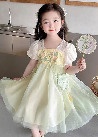 Light Green Square Collar Patchwork Tulle Kids Long Dresses Short Sleeve Mn008