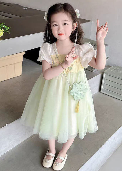 Light Green Square Collar Patchwork Tulle Kids Long Dresses Short Sleeve Mn008