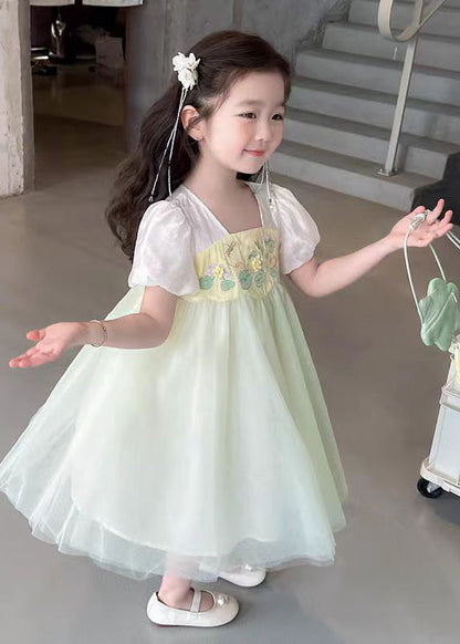 Light Green Square Collar Patchwork Tulle Kids Long Dresses Short Sleeve Mn008