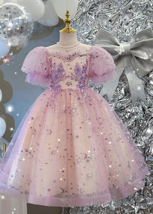 Light Purple Nail Bead Star Tulle Holiday Long Dress Summer Ye007